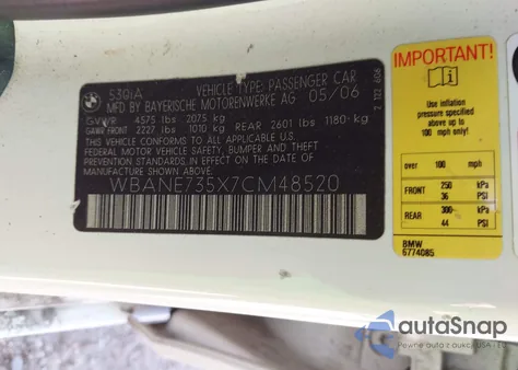 2007 BMW 530I z USA, uszkodzony, nr VIN WBANE735X7CM48520